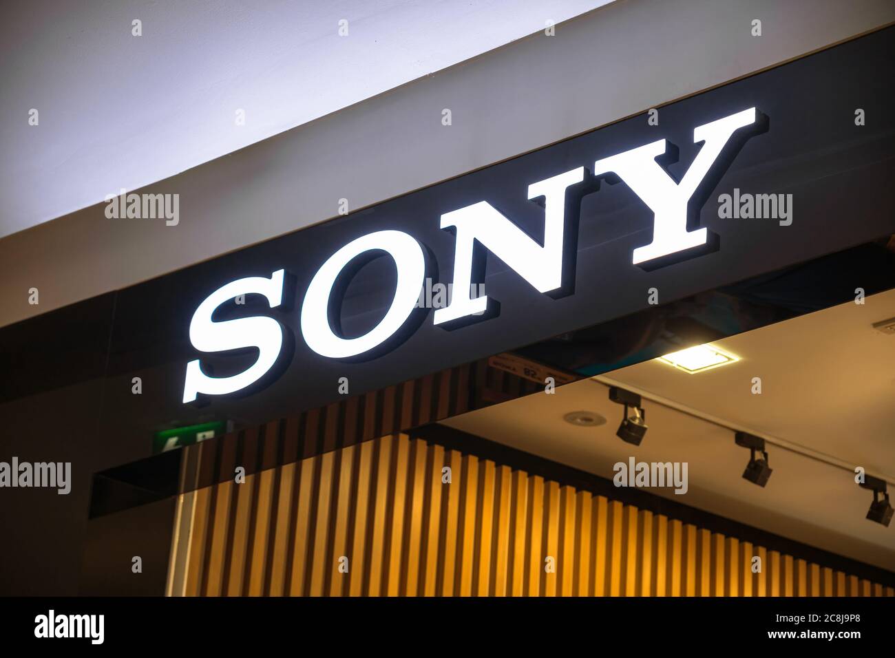 BANGKOK, THAILAND - JUNE, 2020 :  Closeup Sony logo In front of store shop in ICONSIAM department store on June 14, 2020 at bangkok, Thailand. Iconsia Stock Photo