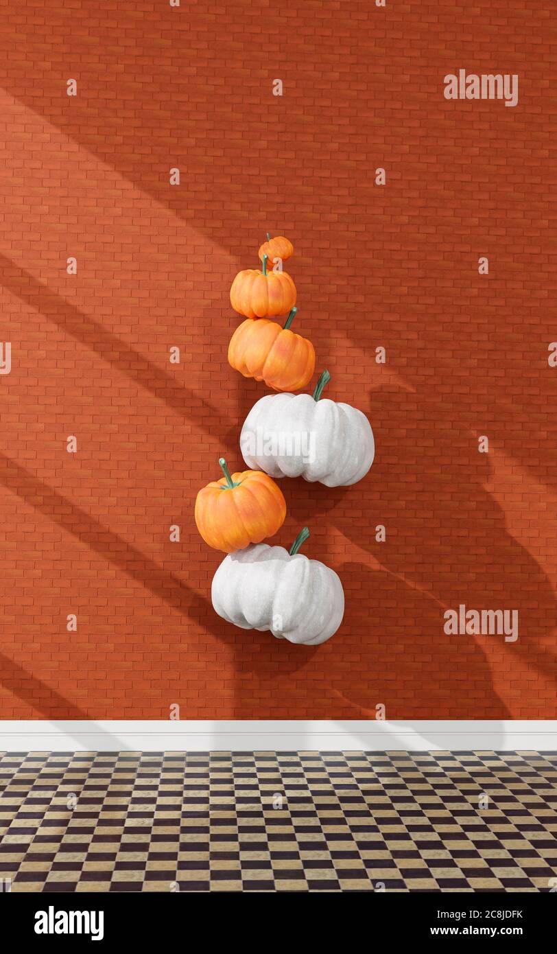 Flying pumpkins decoration halloween 3d rendering. Stock Photo
