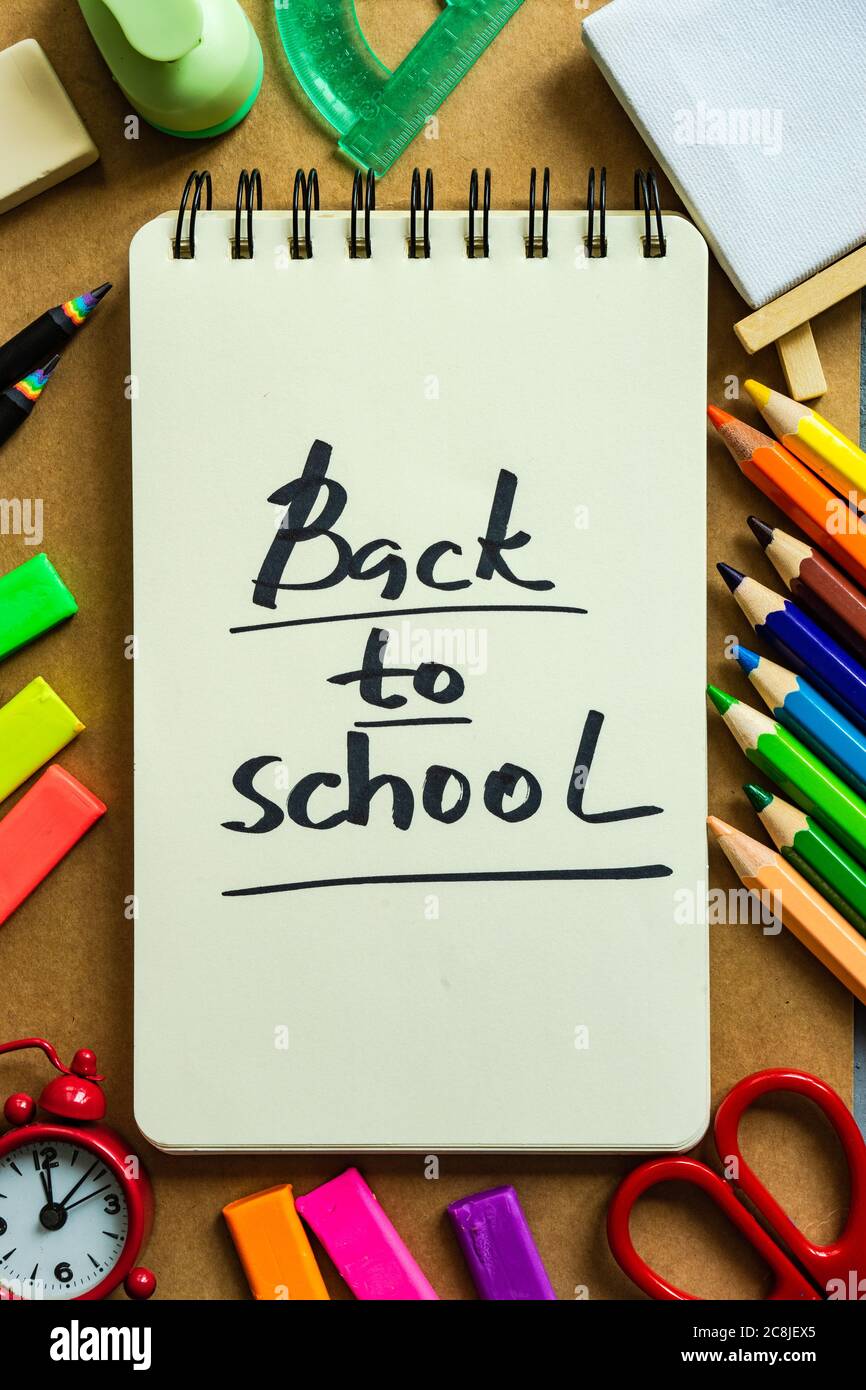 Back to School flatlay on crafted paper background with copy space Stock Photo