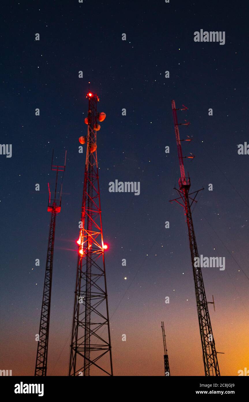 Communication towers in Portugal, Santuário de São Mamede in Póvoa de Lanhoso, radio waves, antennas Stock Photo