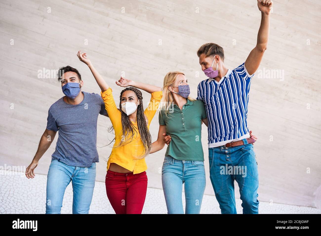 Young People Having Fun Around City Street During Coronavirus Outbreak Happy Friends Wearing Face Protective Masks And Laughing Together Main Focu Stock Photo Alamy