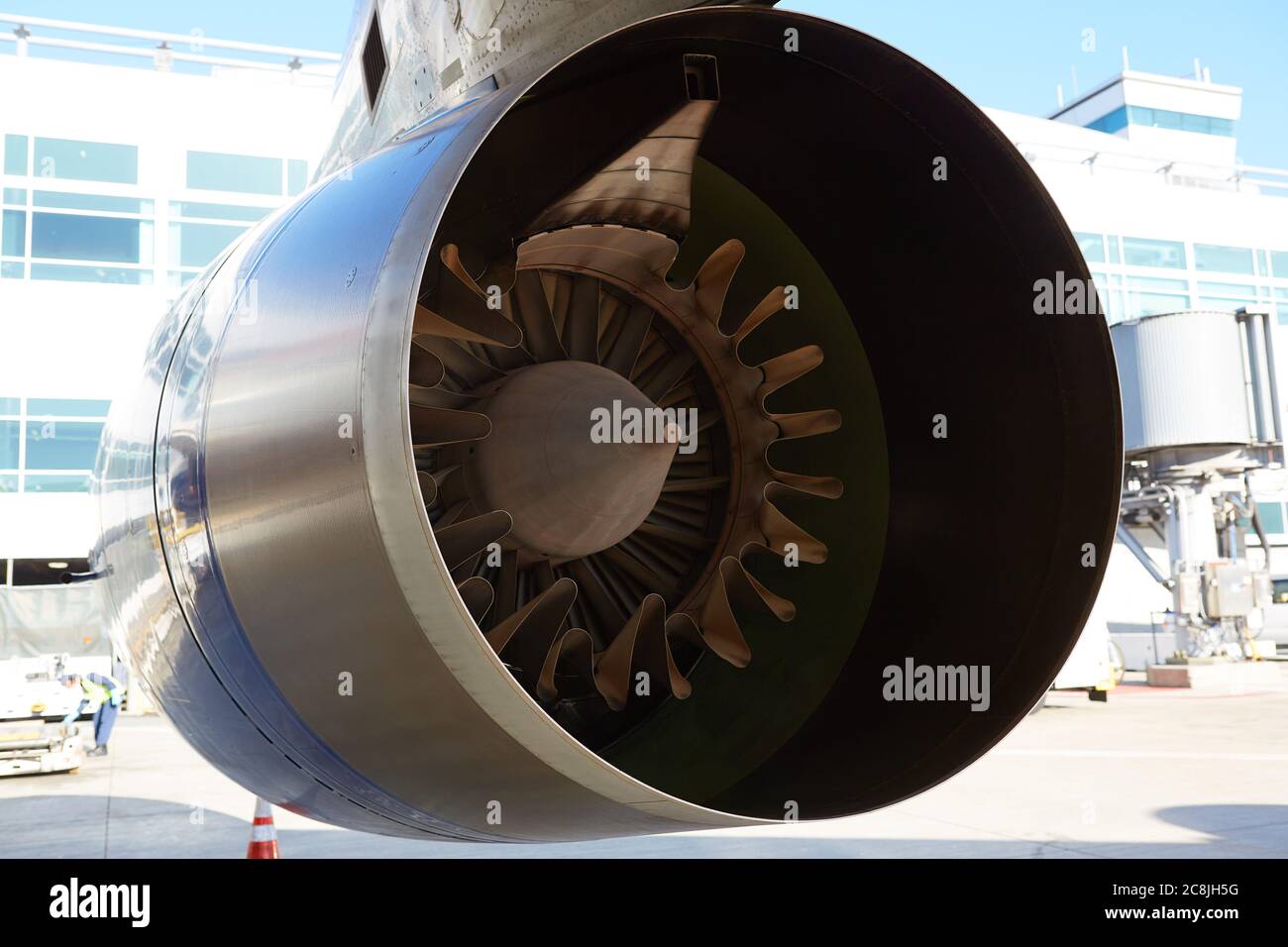Jet Engine Of A British Airways Boeing 747-400 Parked At San Francisco International Airport, California, USA. Stock Photo