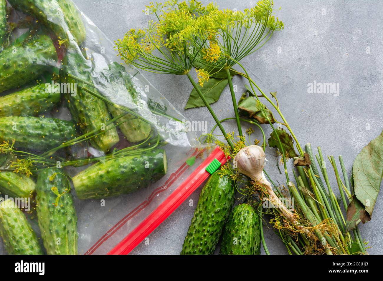 Low-salt cucumbers in a bag. Crunching salted cucumbers without brine. Dry salting - a method of cooking pickles. Stock Photo