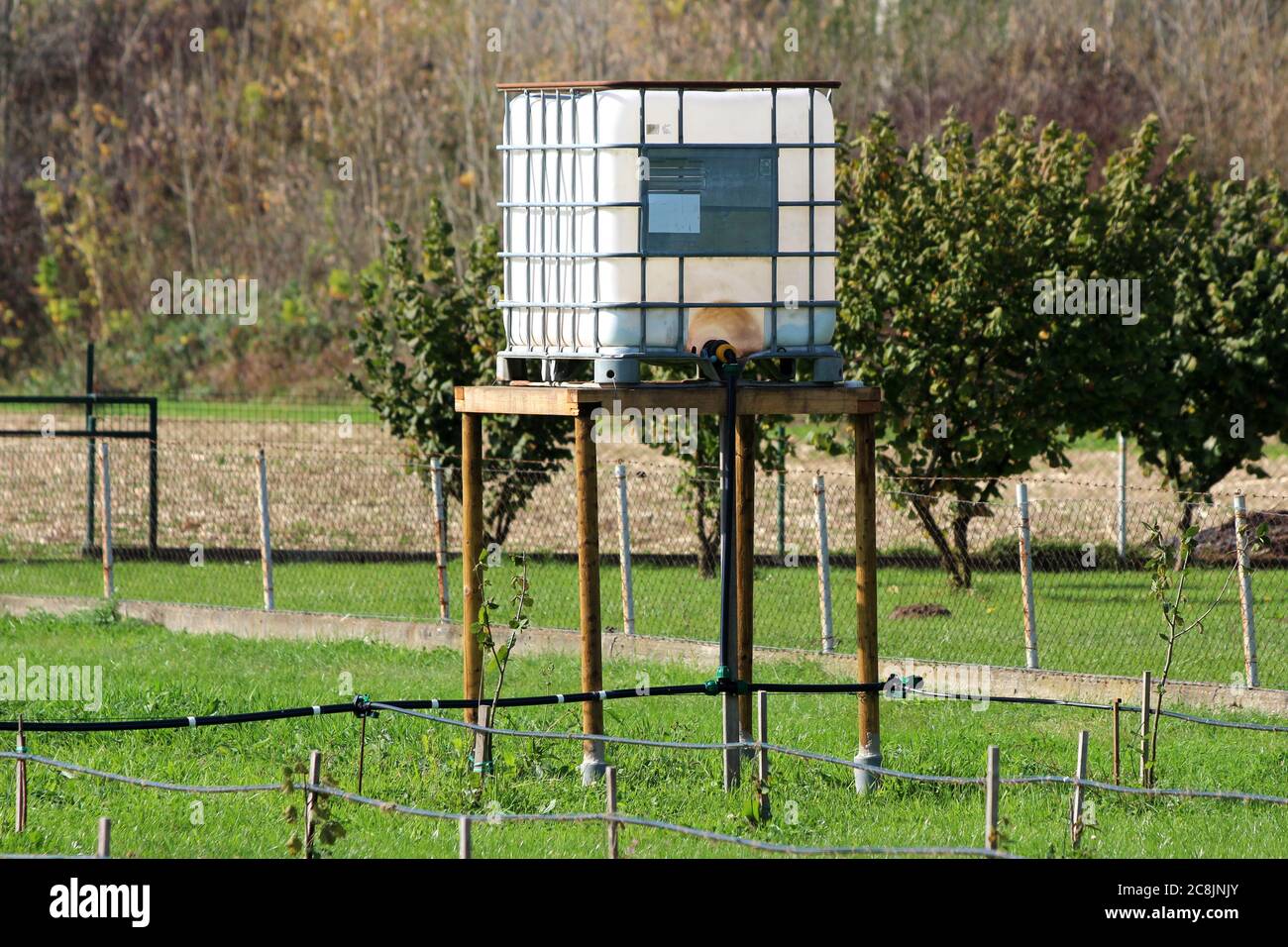 Used white intermediate bulk container or IBC plastic tank with metal