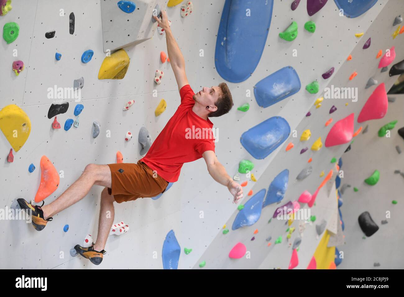 Climbers at The Castle Climbing Centre, near Finsbury Park in north London, as indoor gyms, swimming pools and sports facilities can reopen as part of the latest easing of coronavirus lockdown measures in England. Stock Photo