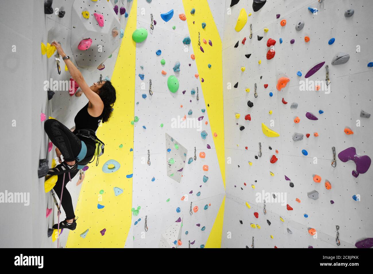 Climbers at The Castle Climbing Centre, near Finsbury Park in north London, as indoor gyms, swimming pools and sports facilities can reopen as part of the latest easing of coronavirus lockdown measures in England. Stock Photo