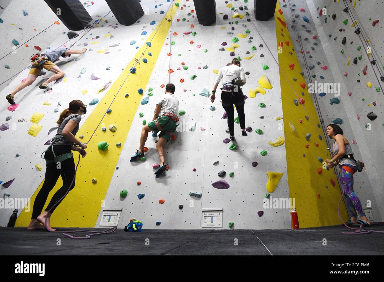 Climbers at The Castle Climbing Centre, near Finsbury Park in north London, as indoor gyms, swimming pools and sports facilities can reopen as part of the latest easing of coronavirus lockdown measures in England. Stock Photo