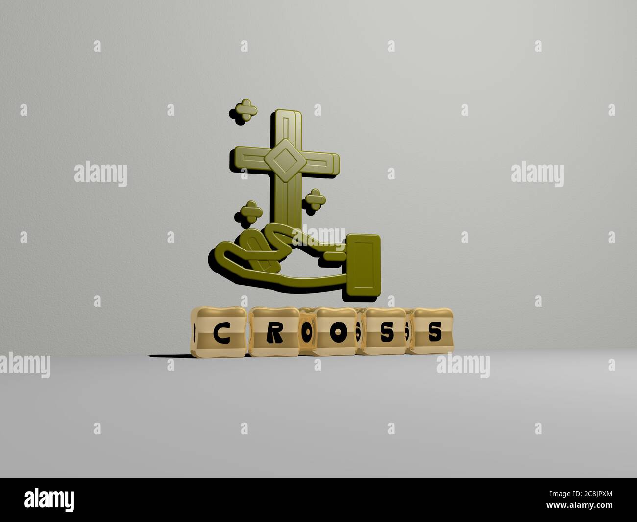 3D illustration of cross graphics and text made by metallic dice letters for the related meanings of the concept and presentations. background and church Stock Photo