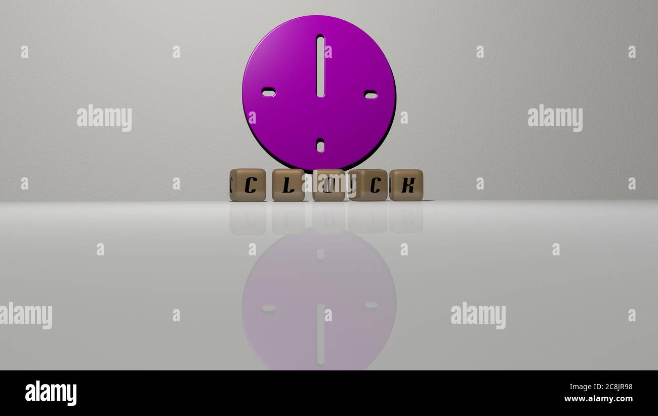 3D illustration of CLOCK graphics and text made by metallic dice