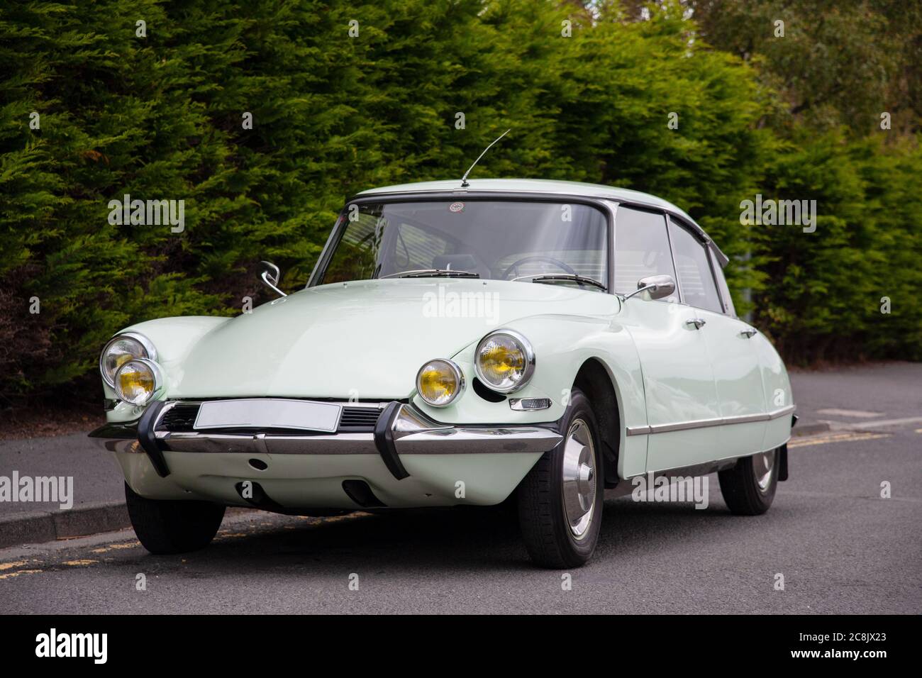 Citroen DS Pallas parked on hedge-lined road Stock Photo
