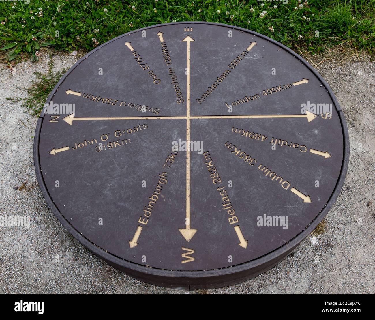 Compass directions & distances to European cities: Edinburgh, Belfast, London & John O'Groats, Scottish English border, UK Stock Photo