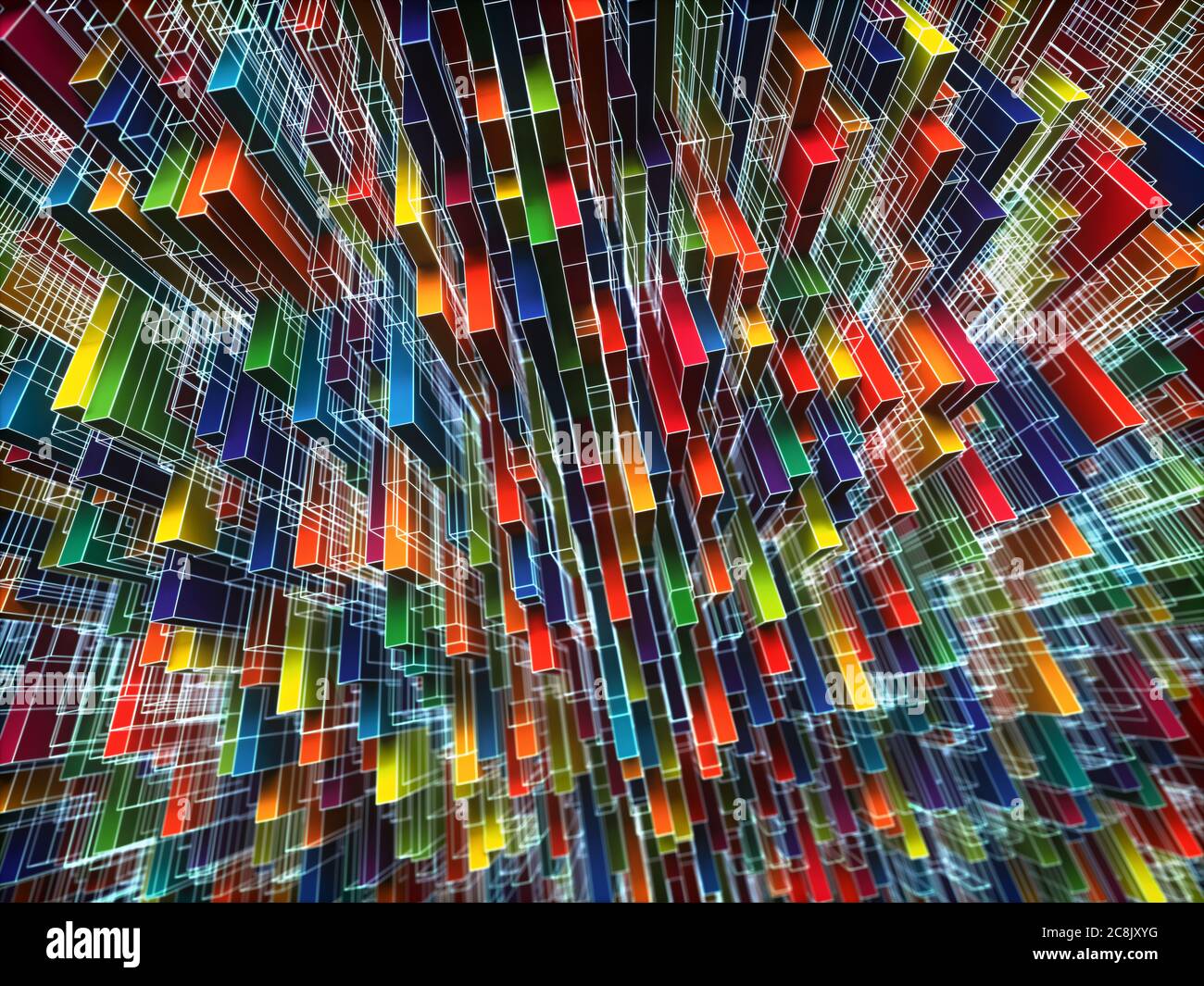 Abstract and colorful background image. Geometric shapes and lines scattered randomly in concept of complexity. 3D illustration. Stock Photo