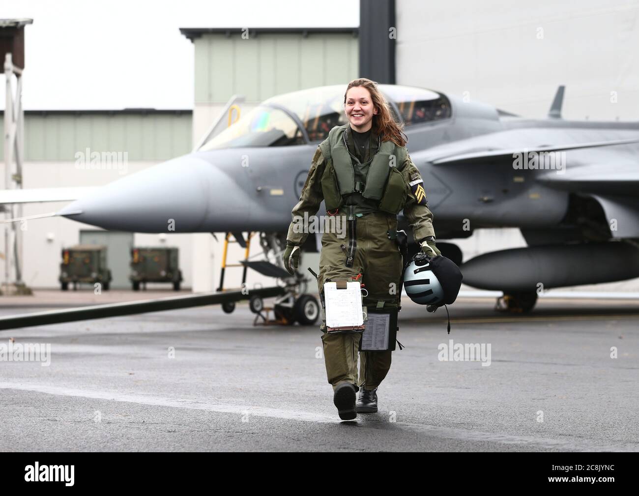 Malmslätt, Sweden 2017-01-26Graduation ceremony, Swedish Air Force, at the Flight School at Malmen Airport, where 23 students were awarded the respective badge for pilot and meteorologist. For the first time in 25 years, a female cadet, Lovisa Sandelin (in the picture), becomes a fighter pilot and gets her pilot wings after completing basic training. Photo Jeppe Gustafsson Stock Photo
