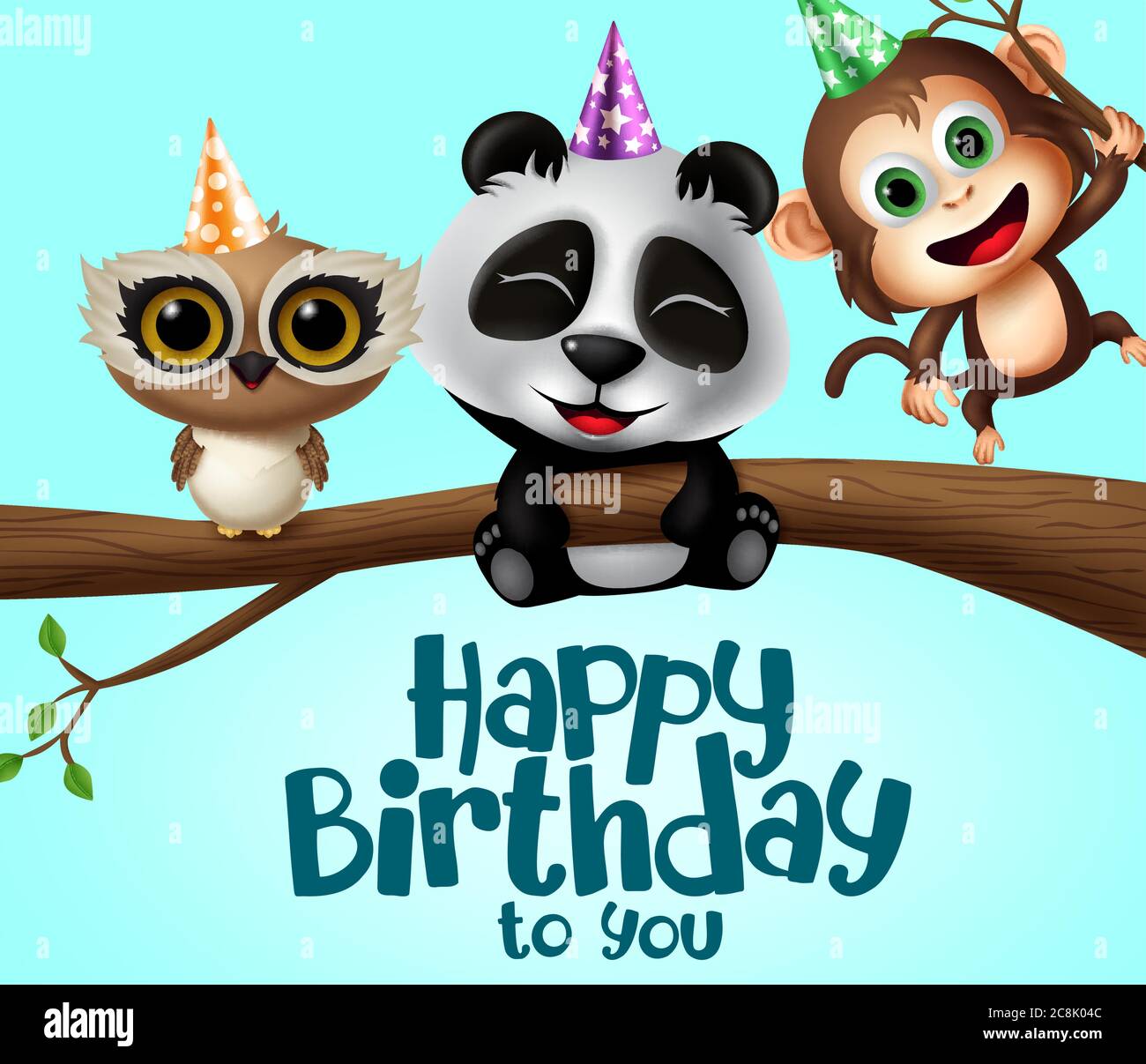 Happy birthday greeting animal party characters vector design. Happy  birthday text with cute animals character like panda, owl and monkey in  tree Stock Vector Image & Art - Alamy