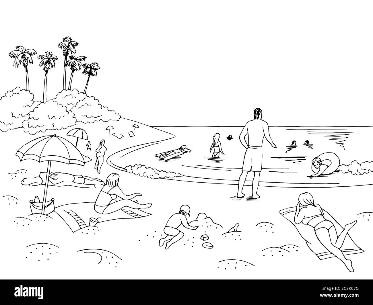 Sea coast beach graphic black white landscape sketch illustration
