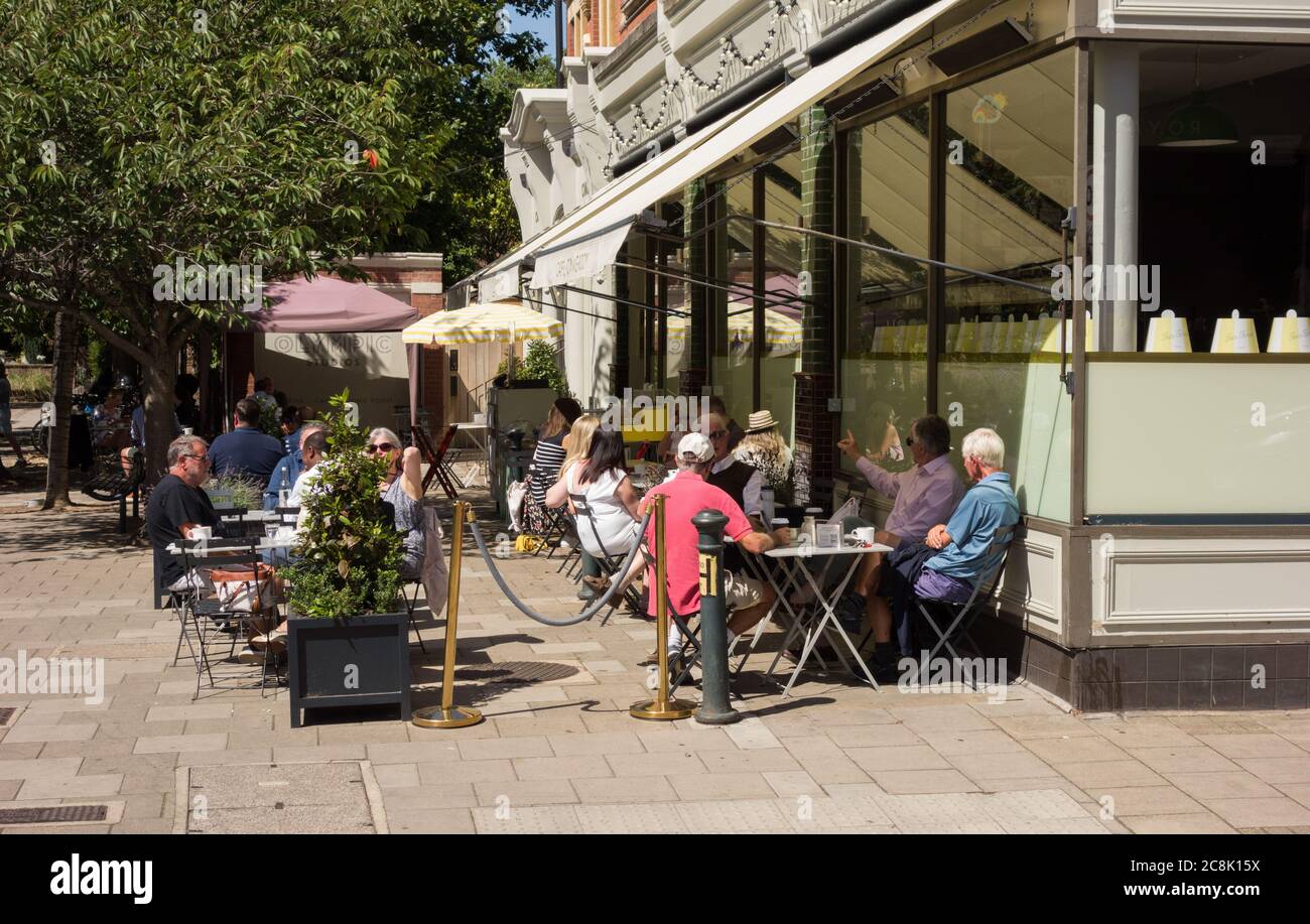 Al-fresco dining outside Olympic Studios cinema and cafe, Church Road, Barnes, London, SW13, England, UK Stock Photo