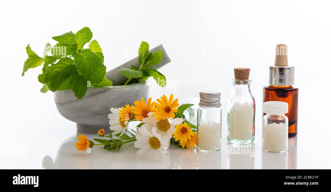 Alternative herbal medicine. Homeopathic globules, fresh wild flowers and  herbs isolated against white background. Aromatherapy, Homeopathy natural  pr Stock Photo - Alamy