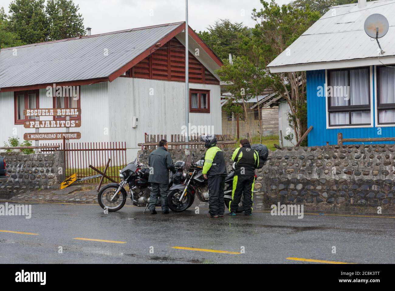 Motorcyclist at the Chile Argentina border crossing at Puyehue, Chile Stock Photo