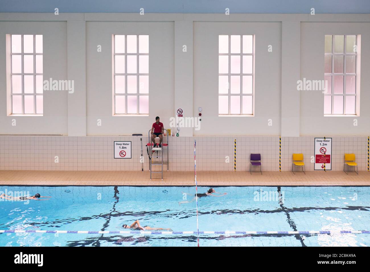 Swimmers At Ironmonger Row Baths And Better Leisure Centres As Indoor Gyms Swimming Pools And Sports Facilities Can Reopen As Part Of The Latest Easing Of Coronavirus Lockdown Measures In England Stock