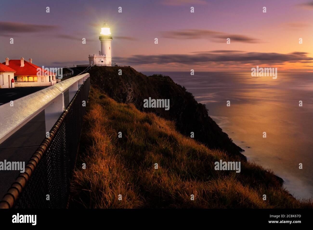 Famous Cape Byron Lighthouse at dawn. Stock Photo