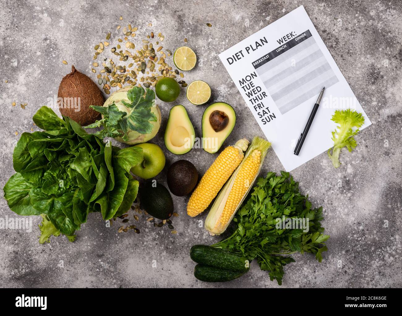 Diet Plan and set healthy food products top view. Stock Photo