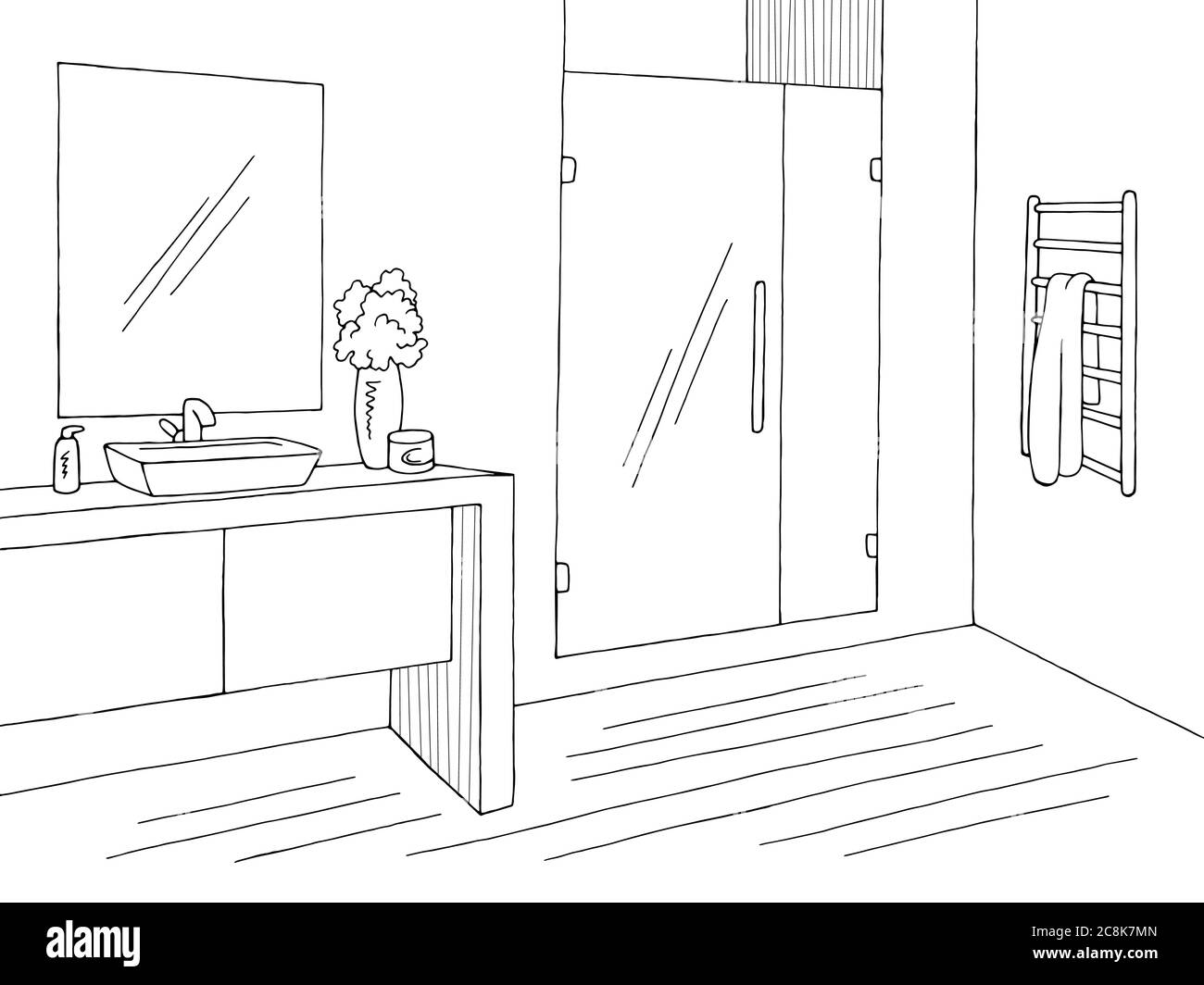 Bathroom graphic home interior black white sketch illustration vector Stock Vector