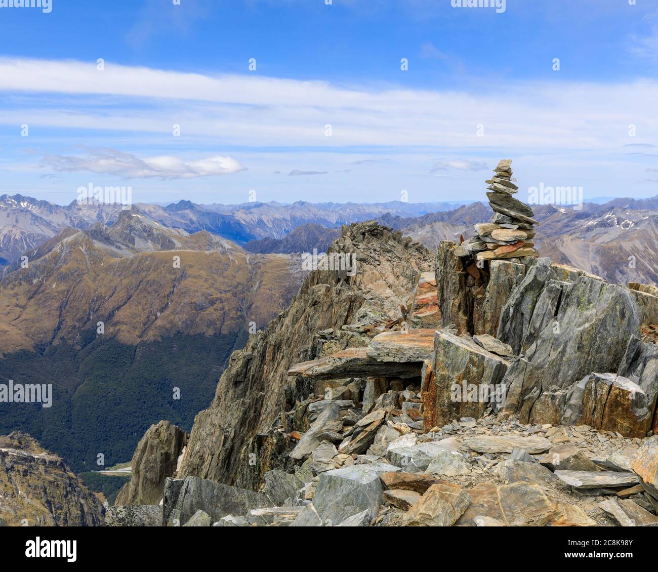 View across mountains from the summit of Mt Armstrong at the peak Brewster Track in Mount Aspiring National Park, South Island, New Zealand. Stock Photo