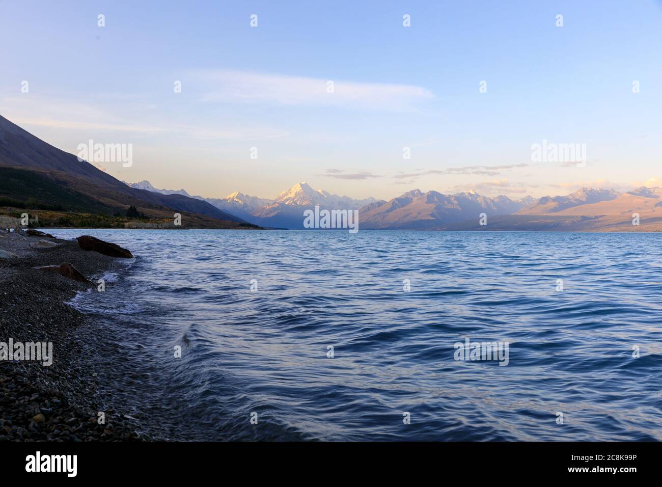 Lake Pukaki with Mt Cook and the Southern Alps in the background at sunset. Stock Photo