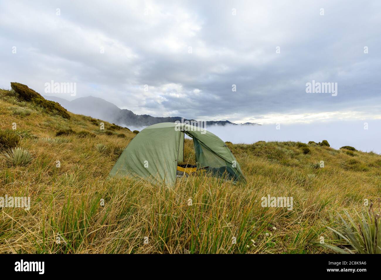 A tent for wild camping at the summit of Alex Knob with a cloud inversion in the background. Franz Josef Glacier, South Island, New Zealand. Stock Photo