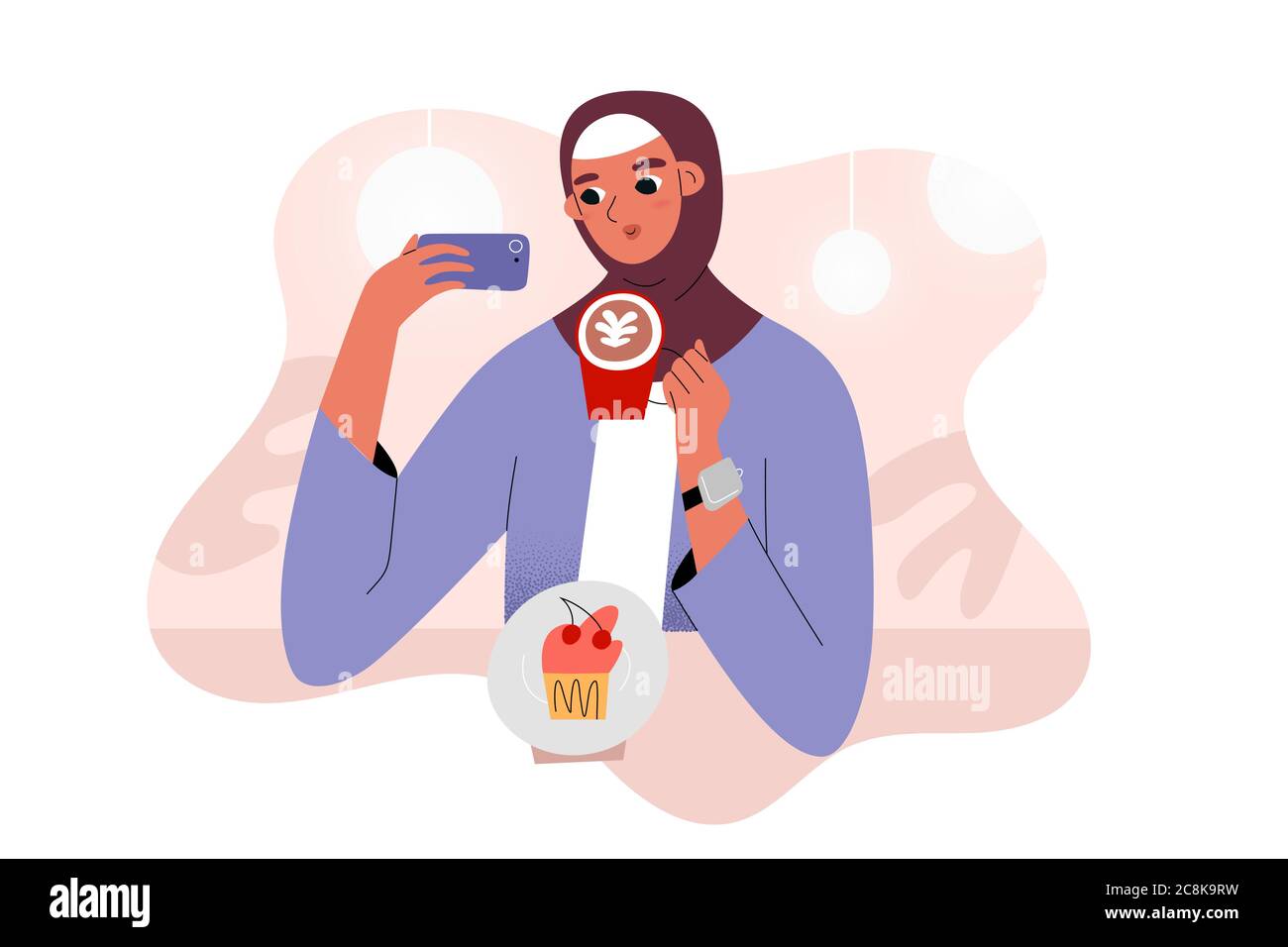 Arab girl in cafe taking a selfie with coffee mug, sitting at coffee shop table with dessert, female blogger taking photos, vector illustration Stock Vector