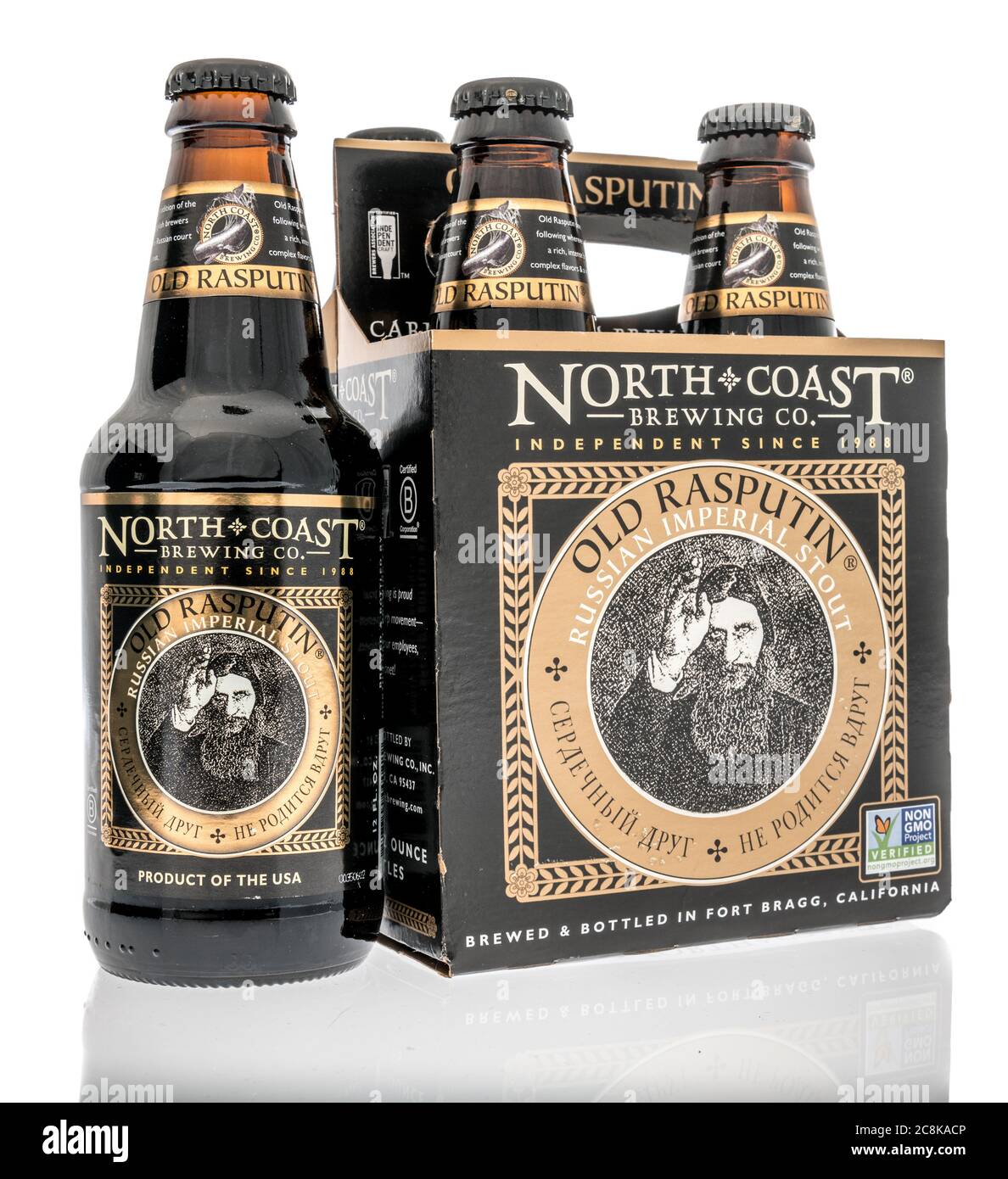 Winneconne,  WI - 24 July 2020: A four pack of North Coast brewing old Rasputin Russian Imperial stout beer on an isolated background Stock Photo