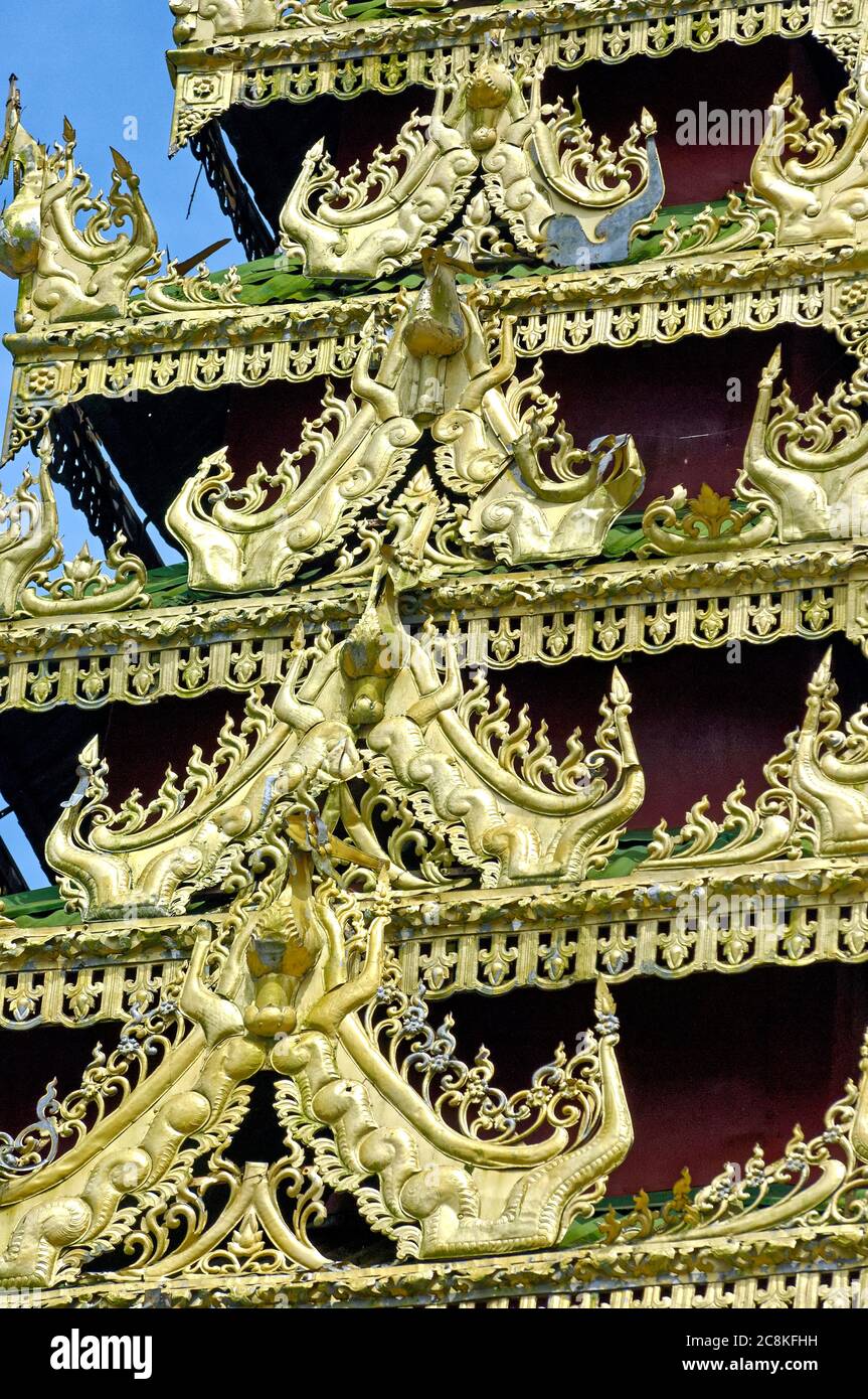 Gold decorated design carvings on the Shwedagon Pagoda, Yangon, Myanmar Stock Photo