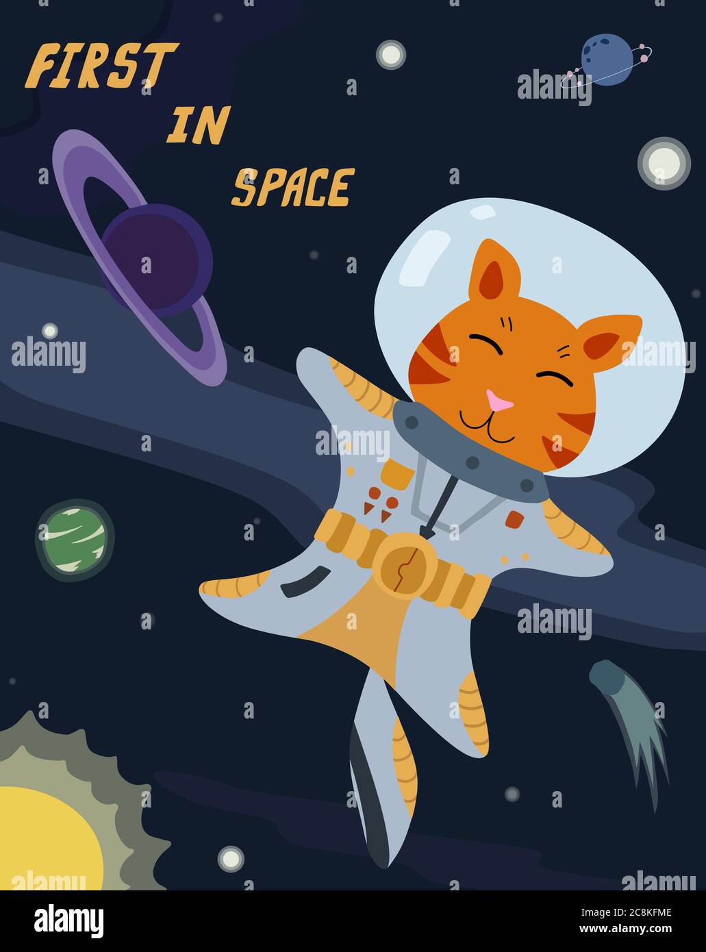 Fun cat astronaut in space. Vector cartoon charters. Editable vector illustration. Stock Vector