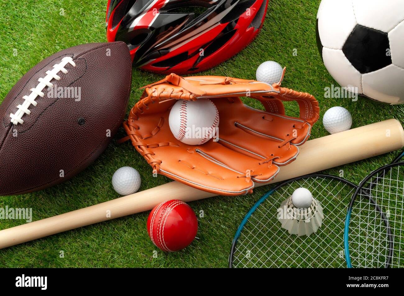 Sports Shop Youth Athletics And Team Sport Competition Conceptual Idea With Various Types Balls Soccer Baseball Football Golf Ball Wooden Bat A Stock Photo Alamy