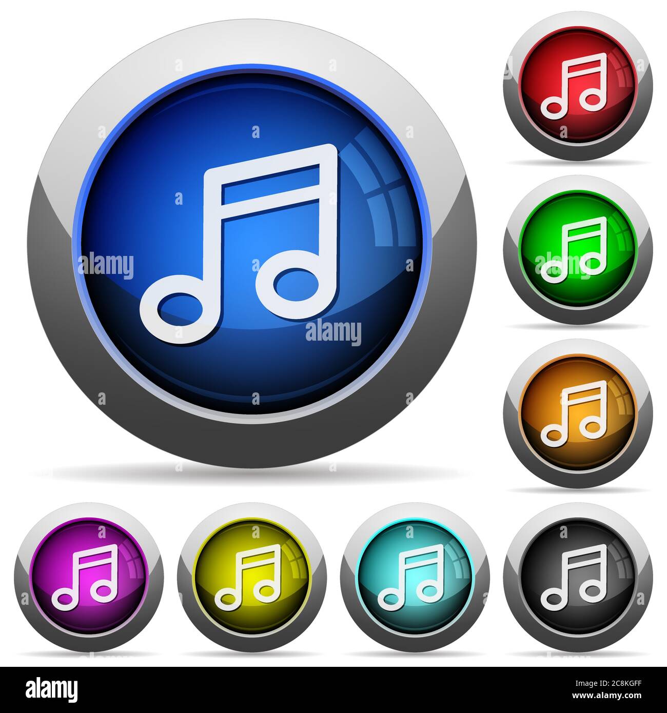 Set of round glossy music buttons. Arranged layer structure Stock