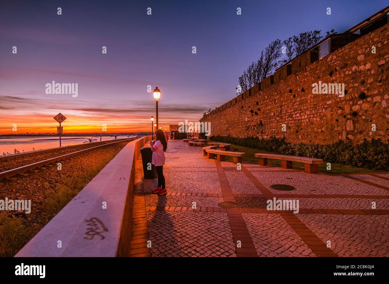 Faro city at sunset, with lagoon, Algarve Stock Photo