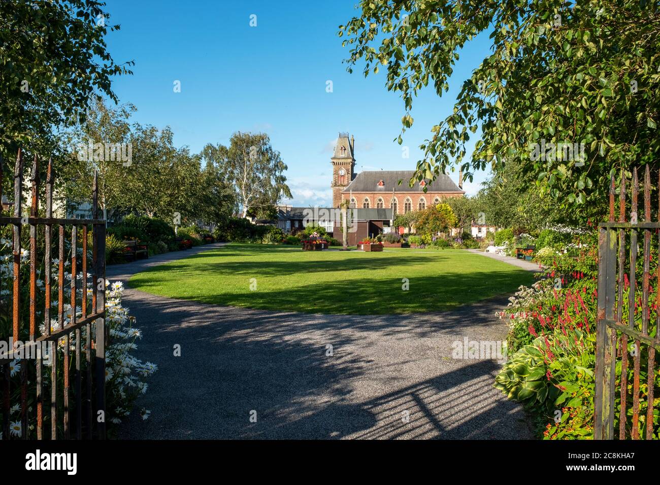 Gardens and town hall, Main Street, Wigtown, Dumfries & Galloway, Scotland.. Stock Photo