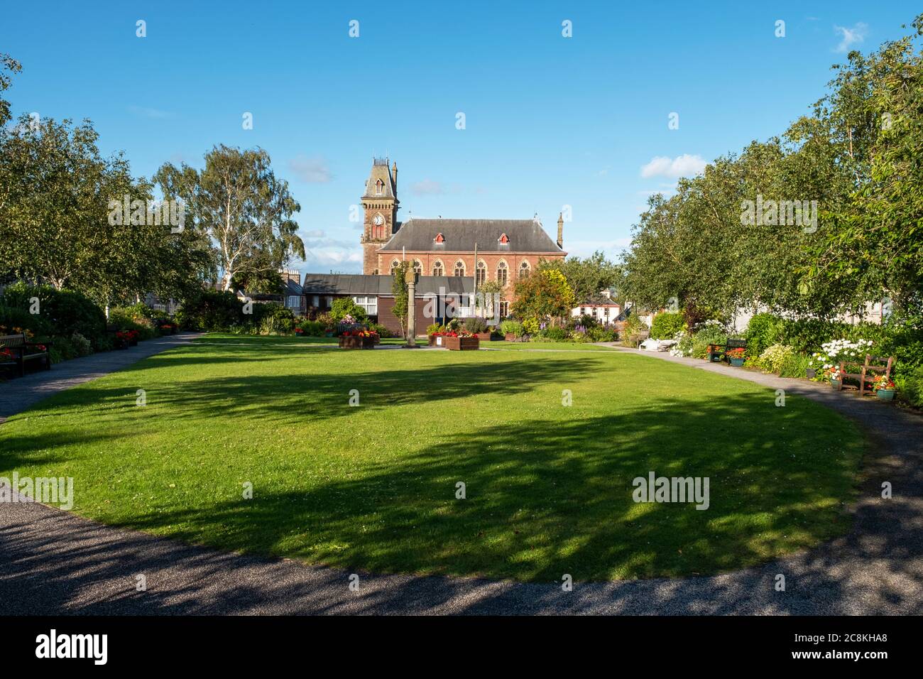 Gardens and town hall, Main Street, Wigtown, Dumfries & Galloway, Scotland. Stock Photo