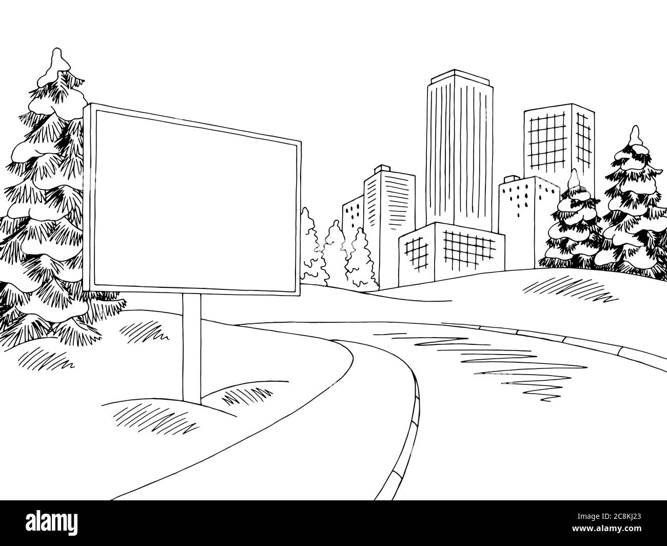 Winter street billboard graphic black white landscape sketch illustration vector Stock Vector