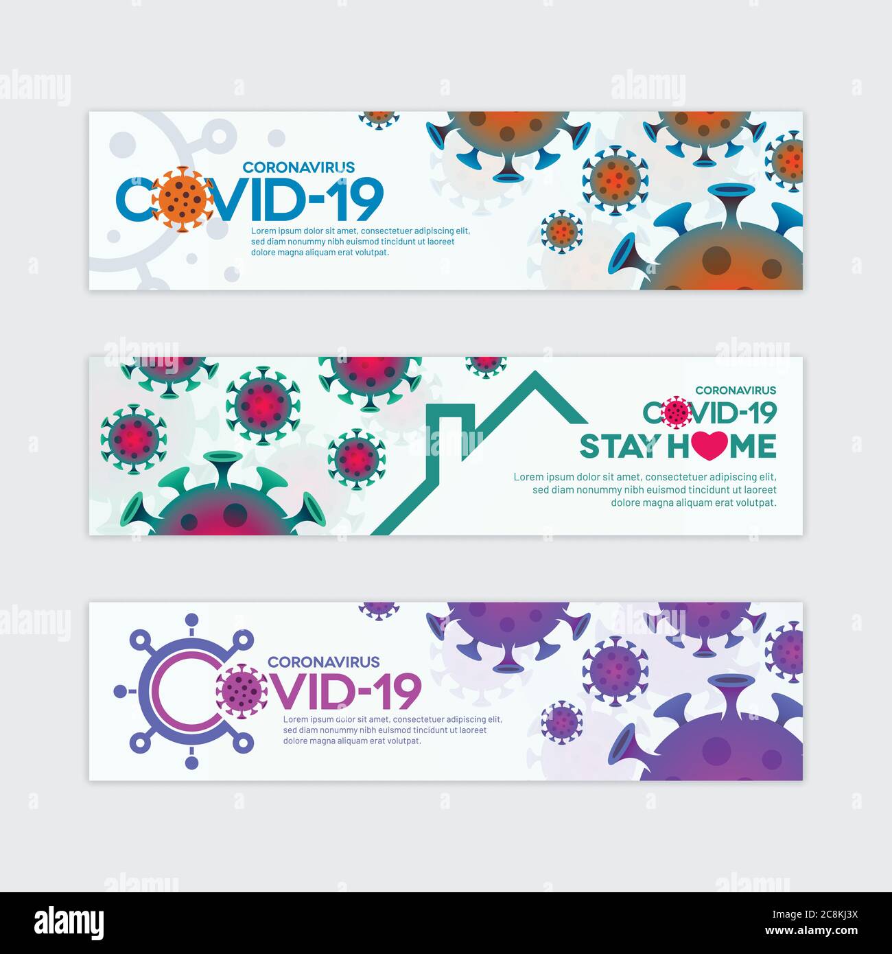 Colorful Covid-19 vector banner templates with virus symbols. Various novel coronavirus concept designs. Stock Vector