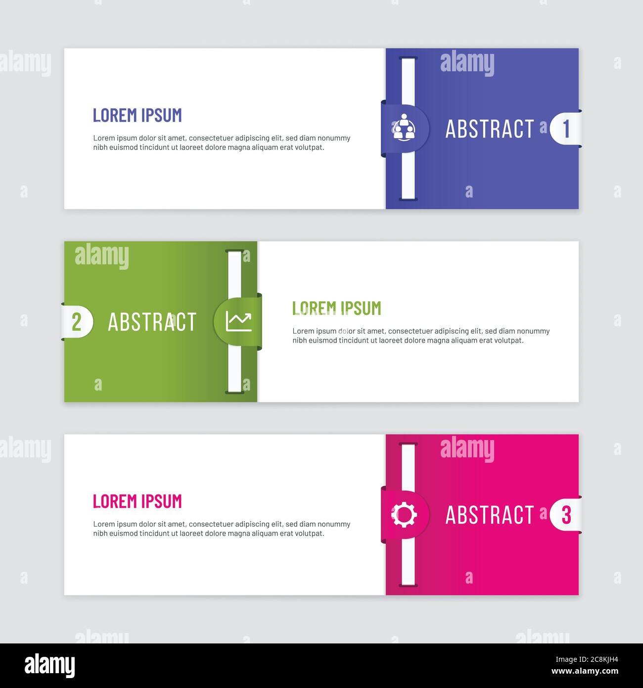 Infographic template with two parts and three steps. Colorful horizontal banners with clip shapes. Stock Vector