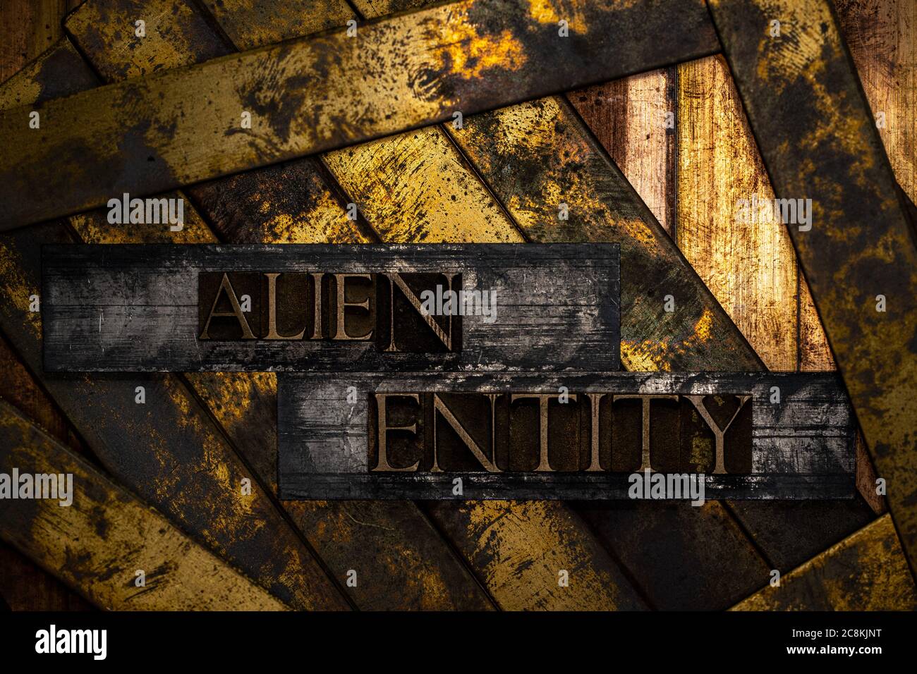 Alien Entity text formed with real authentic typeset letters on vintage textured silver grunge copper and gold background Stock Photo