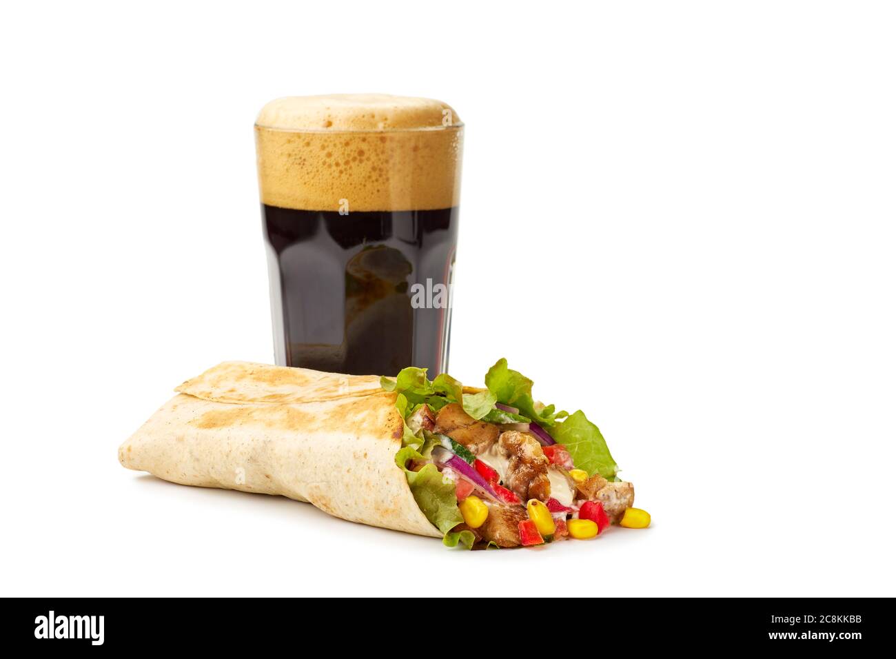 Tortilla wrap with chicken meat and glass of dark beer Stock Photo