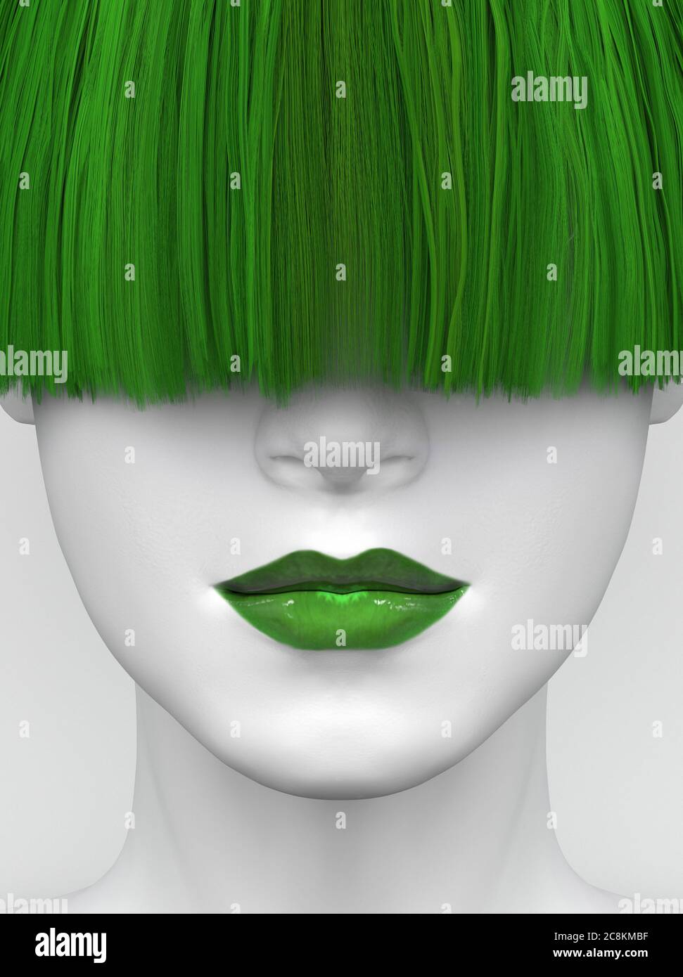 White female face with green lips and long green bangs covering her eyes. Bright colorful hair and makeup. Creative conceptual illustration. 3D render Stock Photo