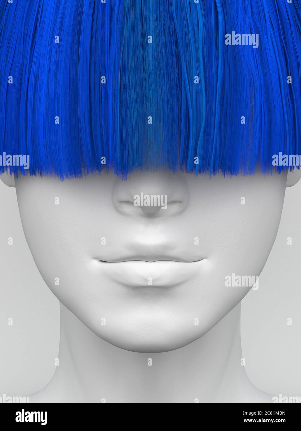 White female face with long blue bangs covering her eyes. Bright colorful hair. Creative conceptual illustration. 3D render Stock Photo