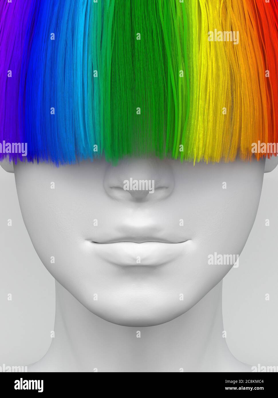 White woman's face with long multicolored bangs covering her eyes. Bright colorful hair. Creative conceptual illustration. 3D render Stock Photo