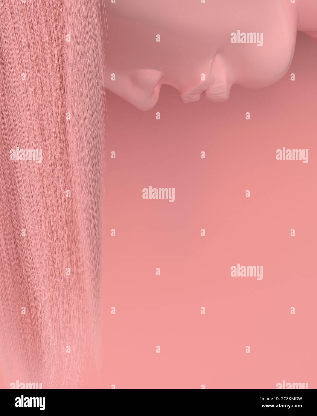 Woman's face upside down with long flowing pink hair on a pink background. Colorful hair. Creative conceptual illustration with copy space. 3D render Stock Photo