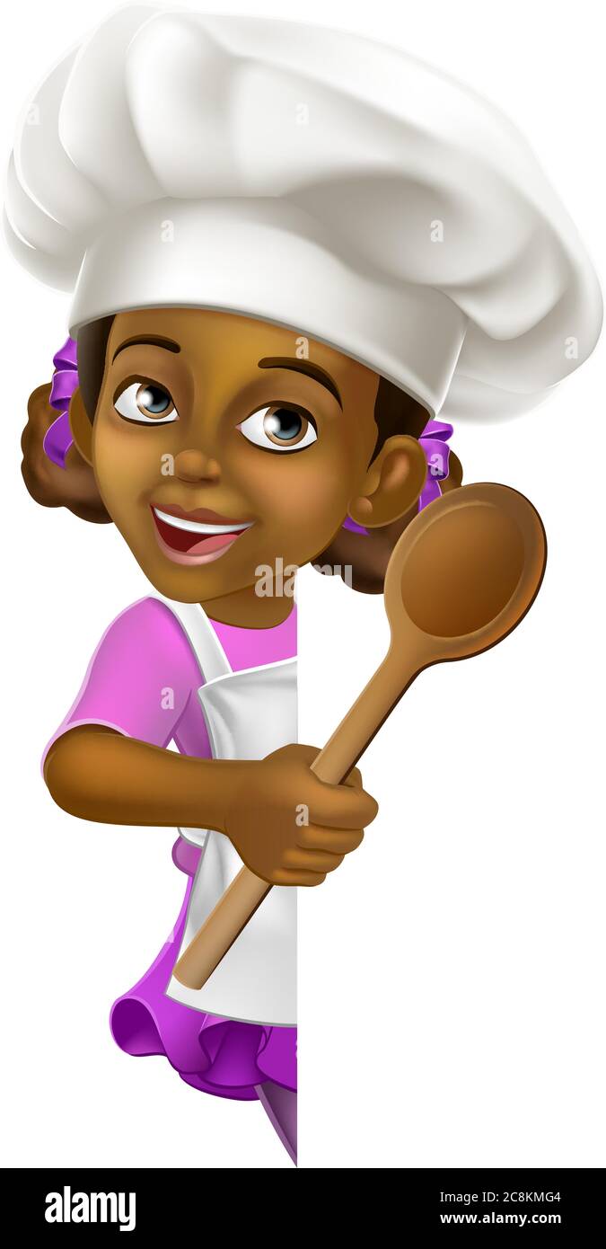 Black Girl Cartoon Child Chef Kid Sign Stock Vector