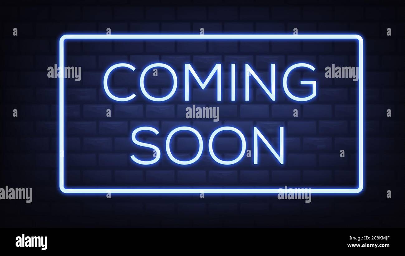 Coming Soon Neon Sign Coming Soon Badge in neon style, design element, light banner, announcement neon signboard, night advensing.Illustration. Editin Stock Photo