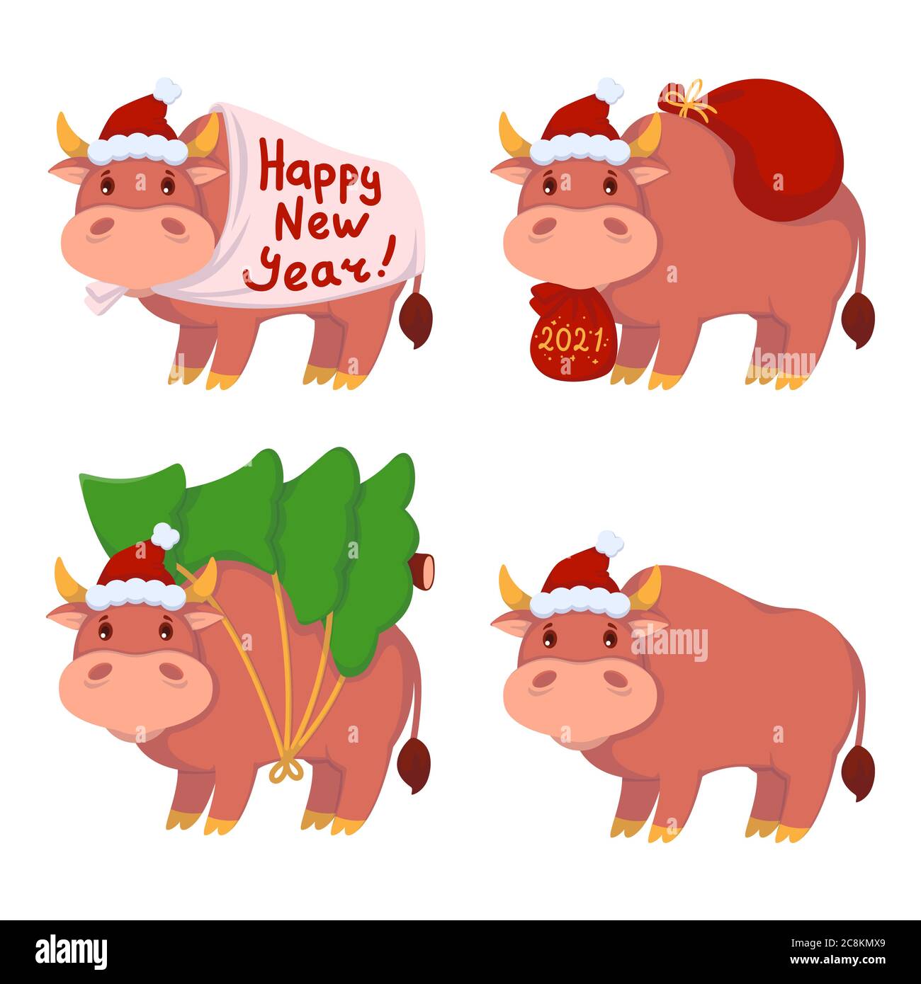 Vector Christmas Illustration Of Cow Ox Or Bull With Christmas